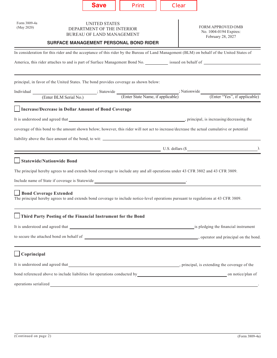 Form 3809-4A Surface Management Personal Bond Rider, Page 1