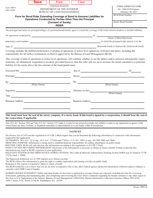 Form 3809-4 Form for Bond Rider Extending Coverage of Bond to Assume Liabilities for Operations Conducted by Parties Other Than the Principal (Consent of Surety) - Rider