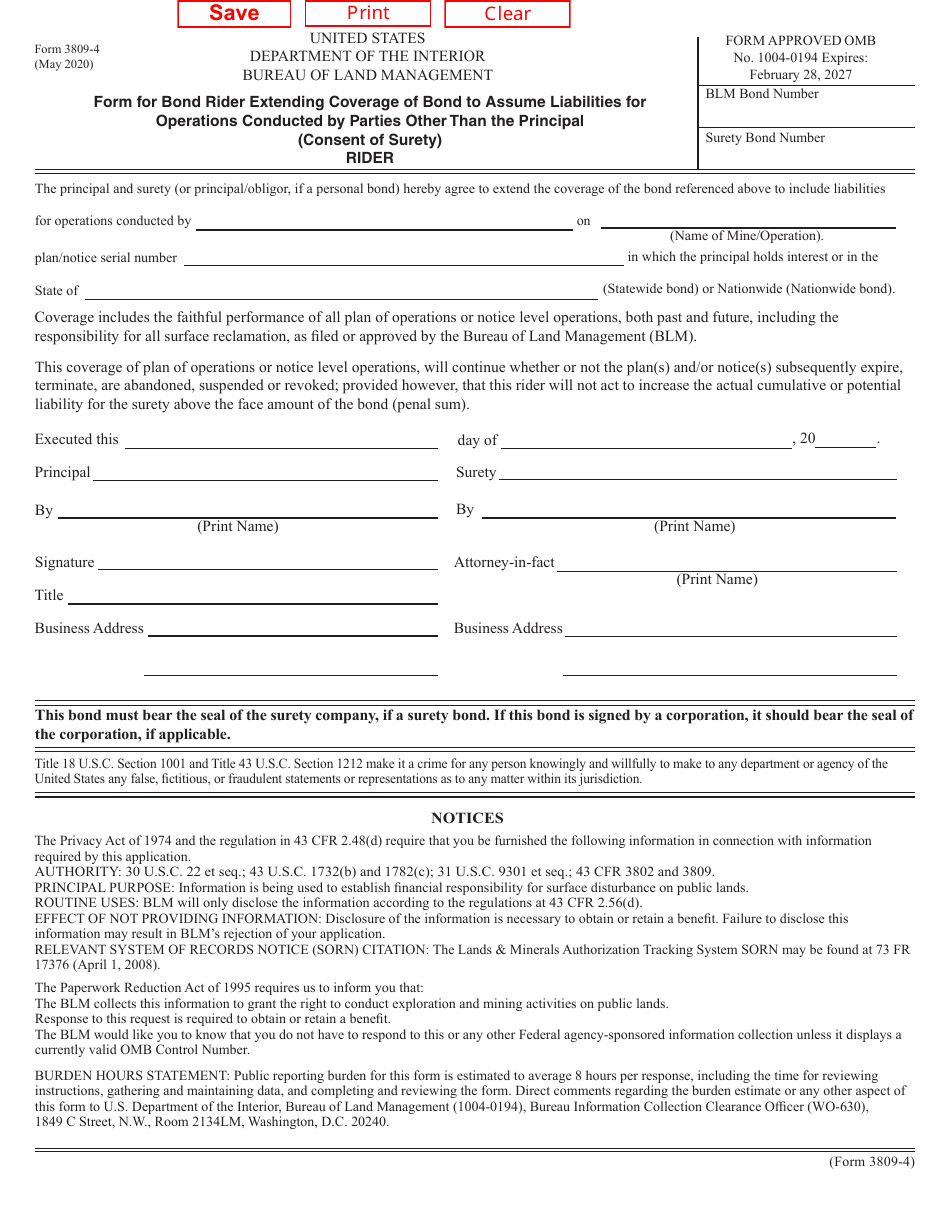 Form 3809-4 Form for Bond Rider Extending Coverage of Bond to Assume Liabilities for Operations Conducted by Parties Other Than the Principal (Consent of Surety) - Rider, Page 1