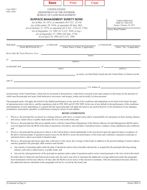 Form 3809-1 Surface Management Surety Bond