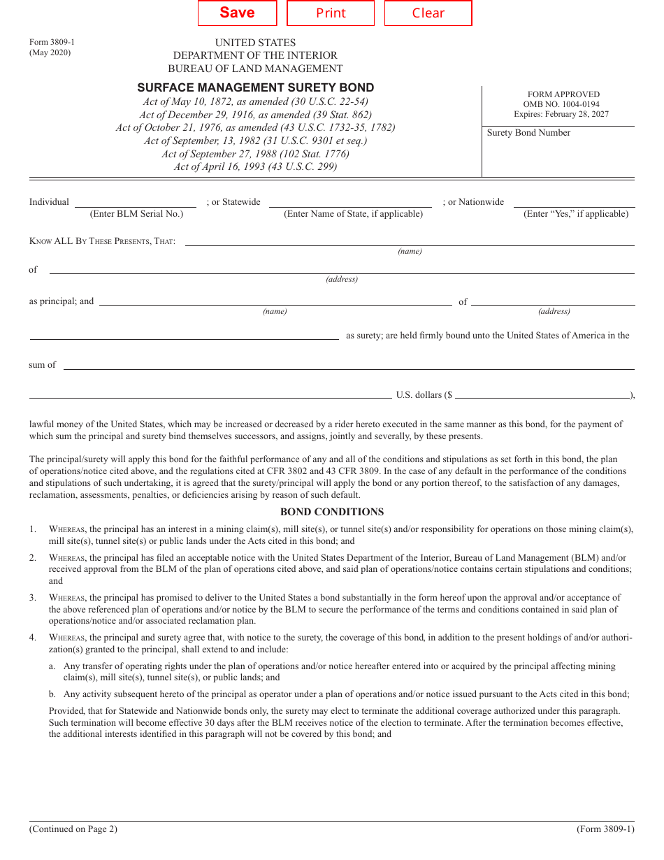 Form 3809-1 Surface Management Surety Bond, Page 1