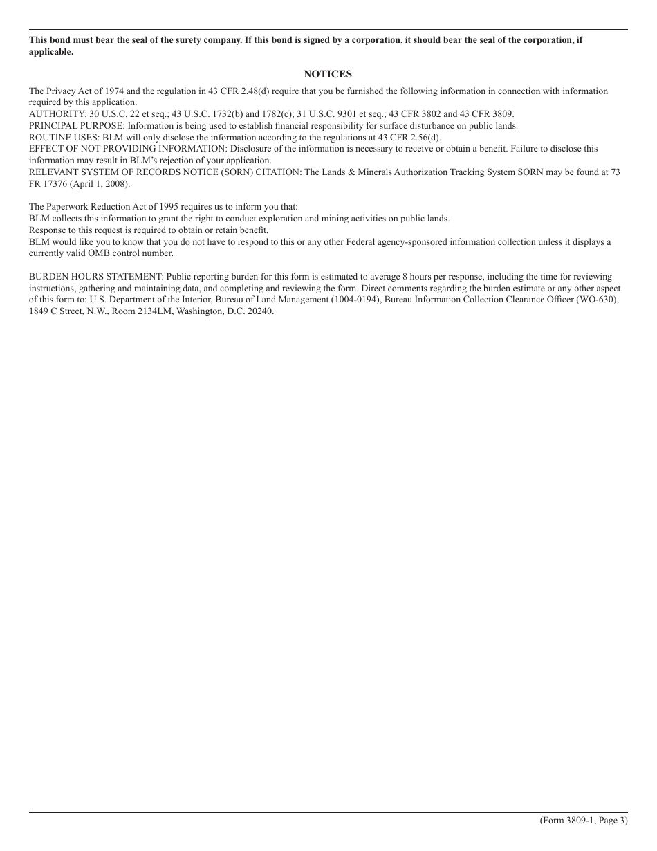 Form 3809-1 Surface Management Surety Bond, Page 3
