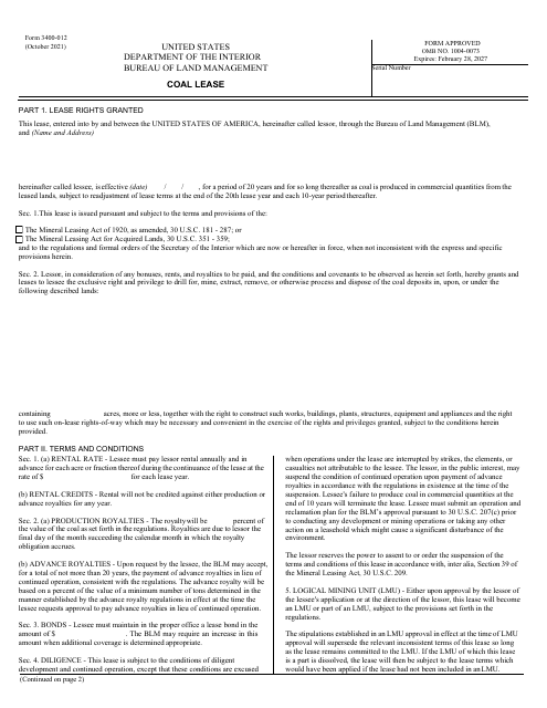 Form 3400-12 Coal Lease