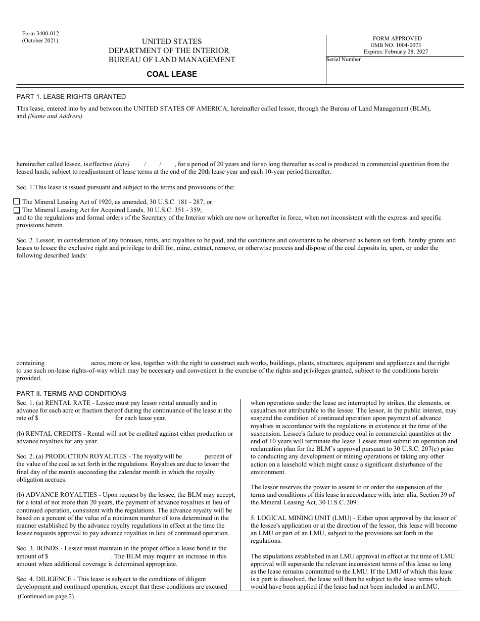 Form 3400-12 Coal Lease, Page 1