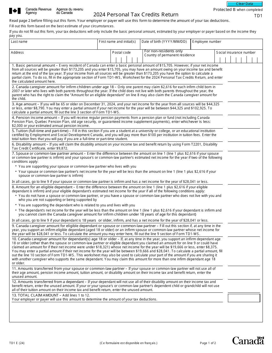 Form TD1 Download Fillable PDF or Fill Online Personal Tax Credits