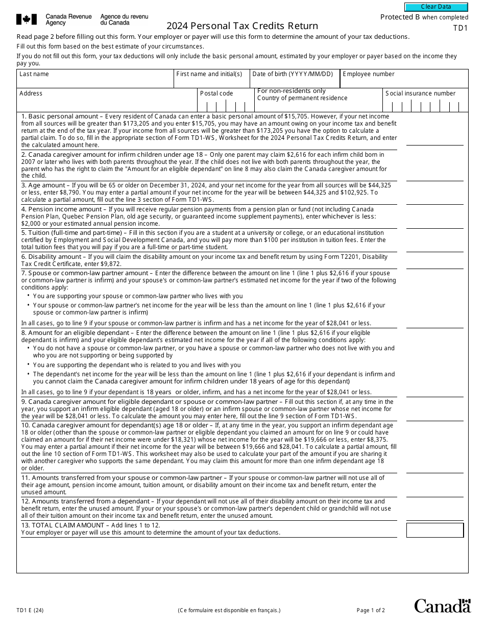 Form TD1 Personal Tax Credits Return - Canada, Page 1