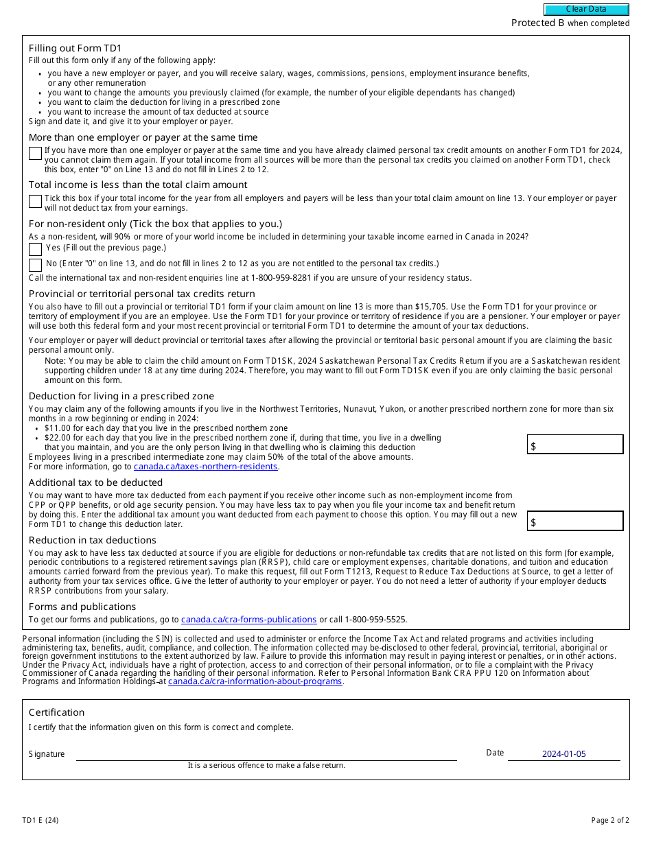 Form TD1 Download Fillable PDF or Fill Online Personal Tax Credits