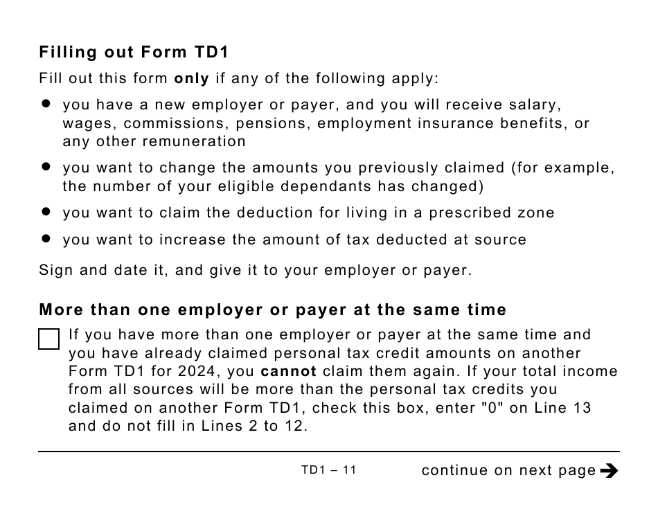 Form TD1 Download Printable PDF or Fill Online Personal Tax Credits