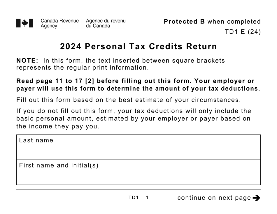 Form TD1 Download Printable PDF or Fill Online Personal Tax Credits