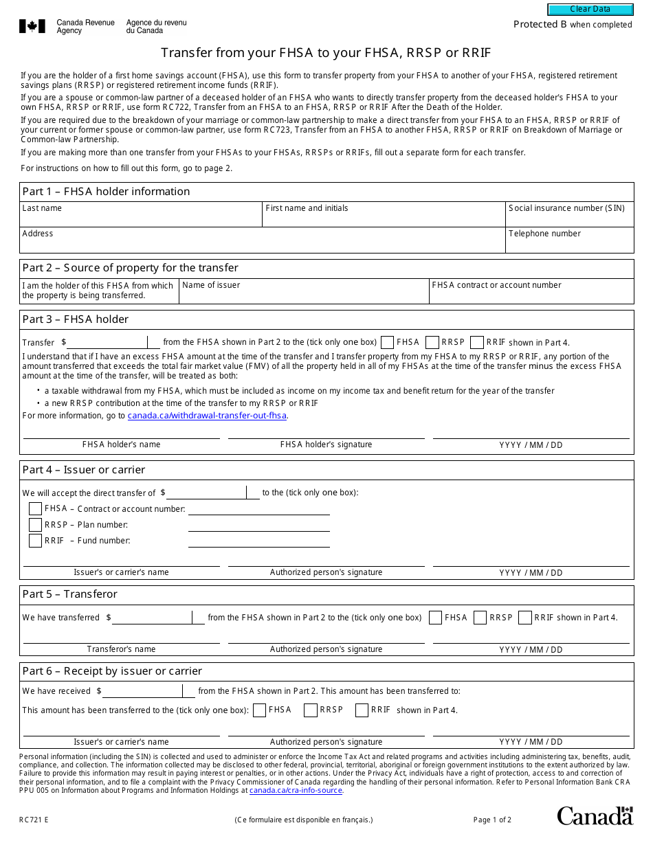 Form RC721 Transfer From Your Fhsa to Your Fhsa, Rrsp or Rrif - Canada, Page 1
