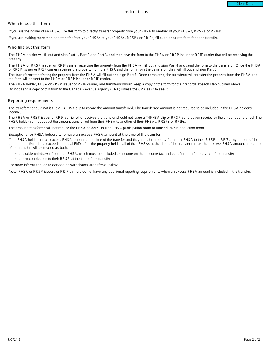 Form RC721 Transfer From Your Fhsa to Your Fhsa, Rrsp or Rrif - Canada, Page 2