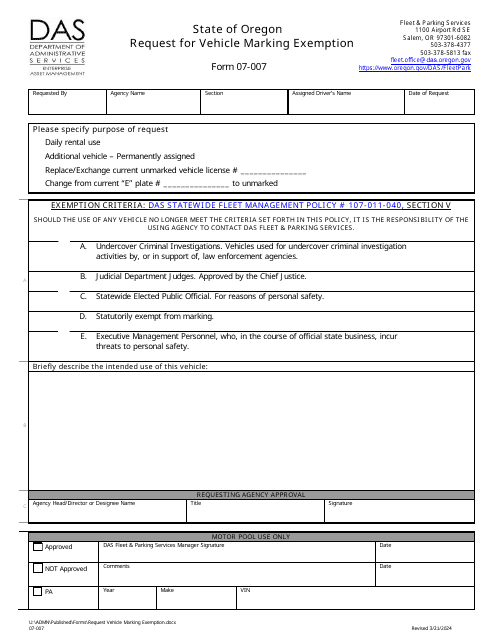Form 07-007 Request for Vehicle Marking Exemption - Oregon