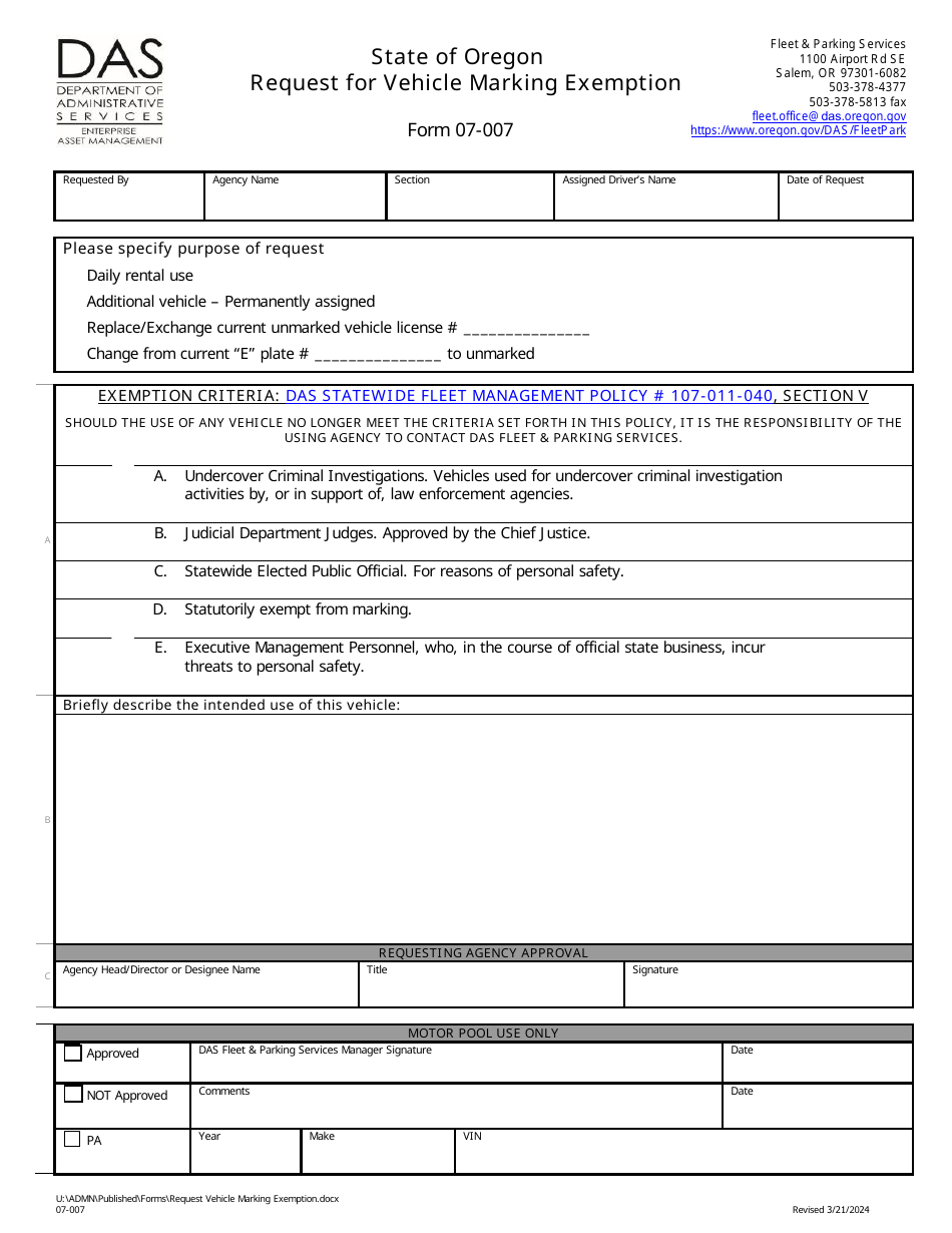 Form 07-007 Request for Vehicle Marking Exemption - Oregon, Page 1