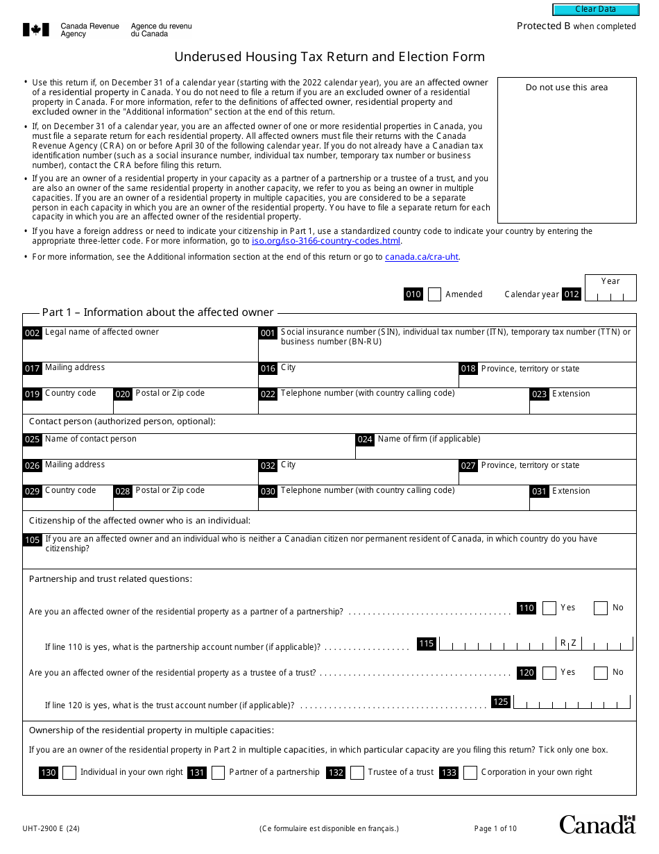 Form UHT-2900 Underused Housing Tax Return and Election Form - Canada, Page 1