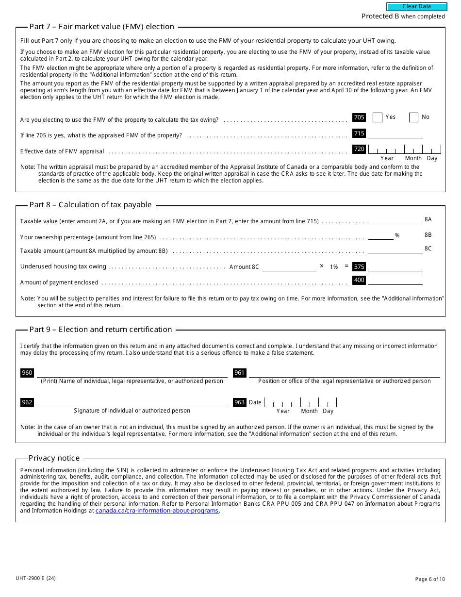 Form UHT-2900 Underused Housing Tax Return and Election Form - Canada, Page 6