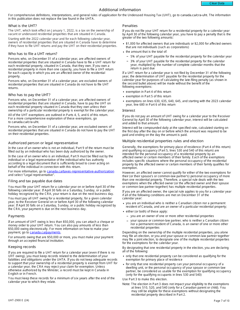 Form UHT-2900 Underused Housing Tax Return and Election Form - Canada, Page 7
