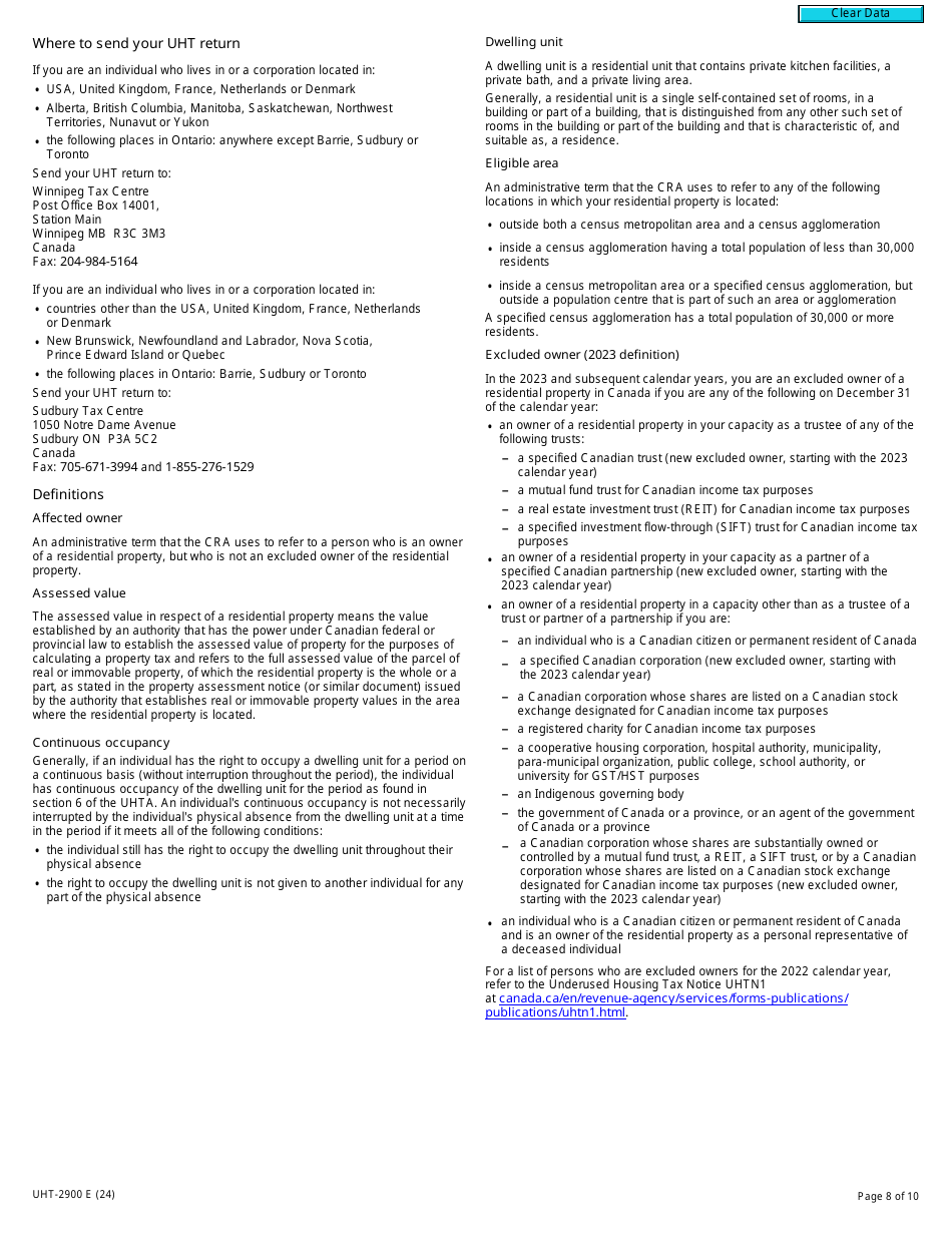 Form UHT-2900 Underused Housing Tax Return and Election Form - Canada, Page 8