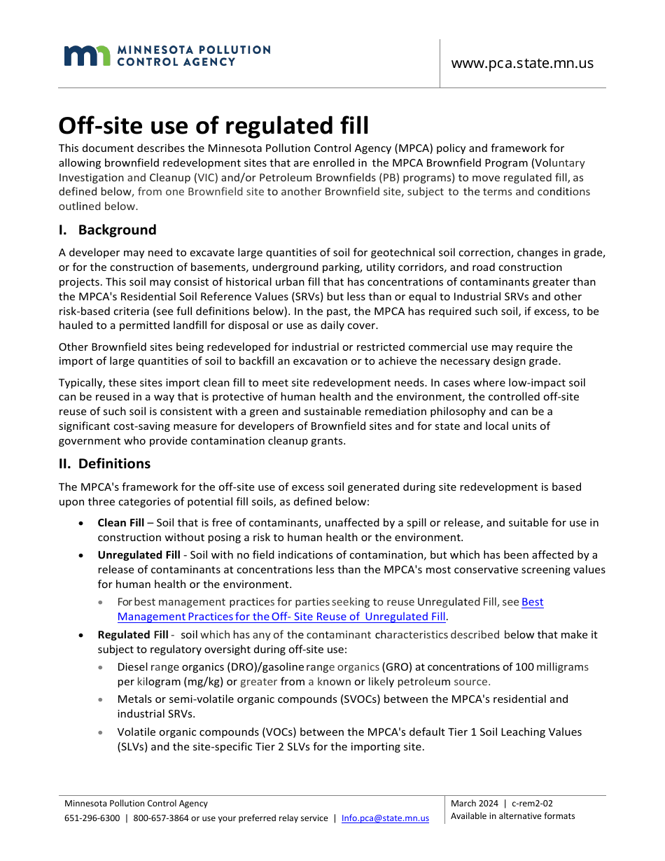 Form C-REM2-02 Offsite Use of Regulated Fill - Minnesota, Page 1