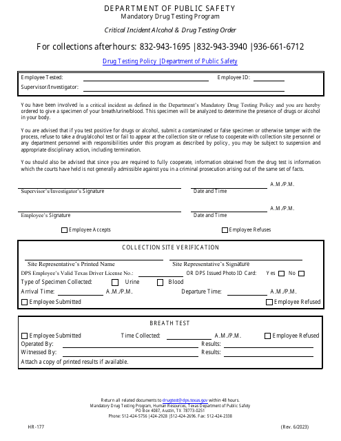 Form HR-177 Critical Incident Alcohol & Drug Testing Order - Texas