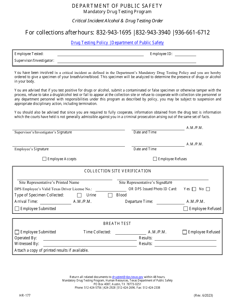 Form HR-177 Critical Incident Alcohol  Drug Testing Order - Texas, Page 1