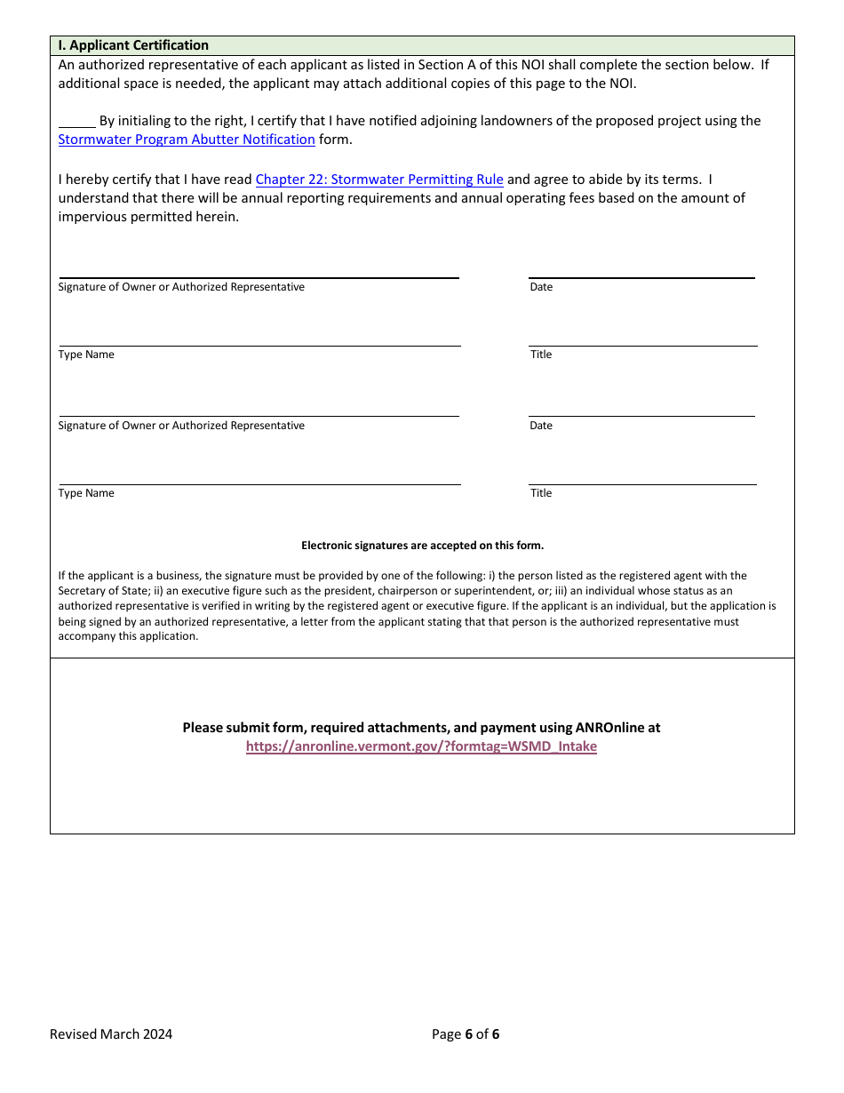 Notice of Intent (Noi) to Apply for Individual Stormwater Discharge Permit (Inds) - Vermont, Page 6