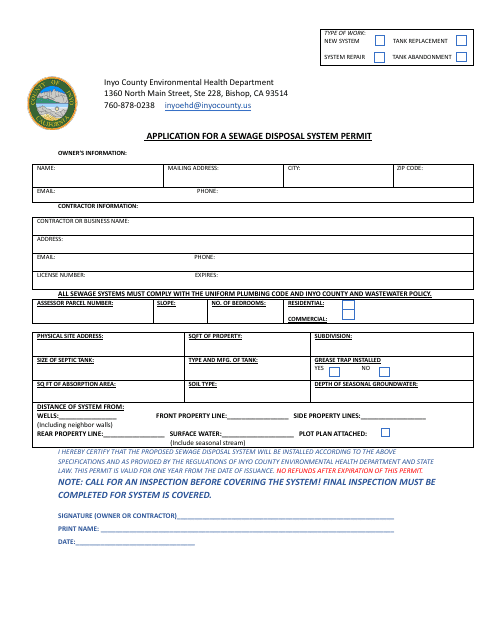 Application for a Sewage Disposal System Permit - Inyo County, California Download Pdf