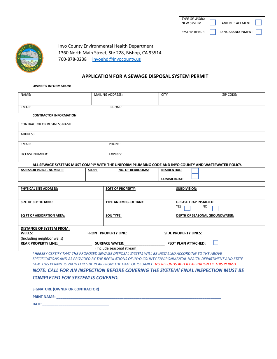 Application for a Sewage Disposal System Permit - Inyo County, California, Page 1