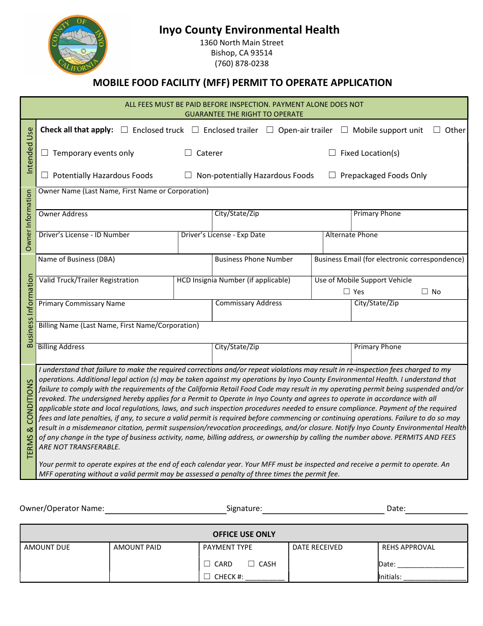 Mobile Food Facility (Mff) Permit to Operate Application - Inyo County, California, Page 1