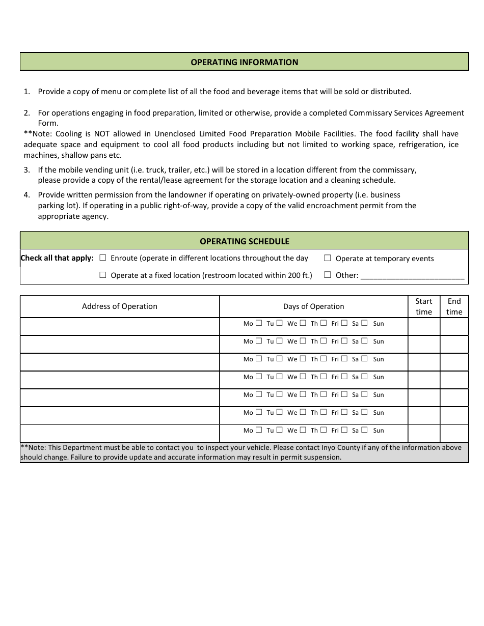 Mobile Food Facility (Mff) Permit to Operate Application - Inyo County, California, Page 2