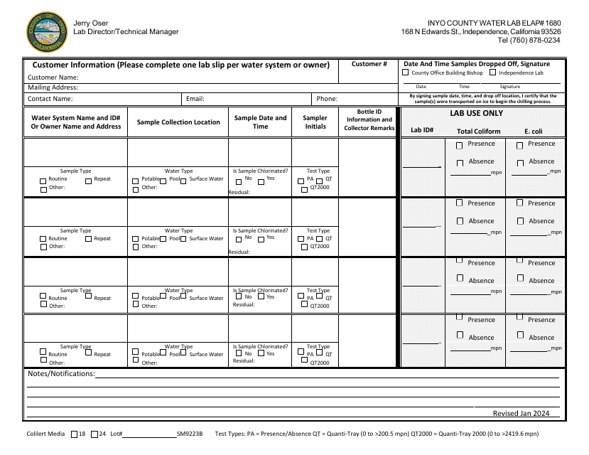 Water Lab Slip - Inyo County, California