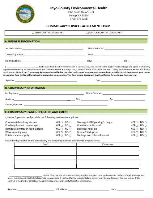 Commissary Services Agreement Form - Inyo County, California