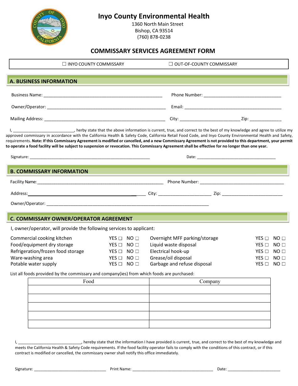 Commissary Services Agreement Form - Inyo County, California, Page 1