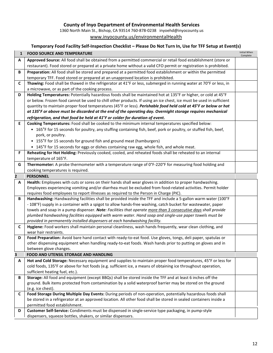 Temporary Food Facility Application - Inyo County, California, Page 12