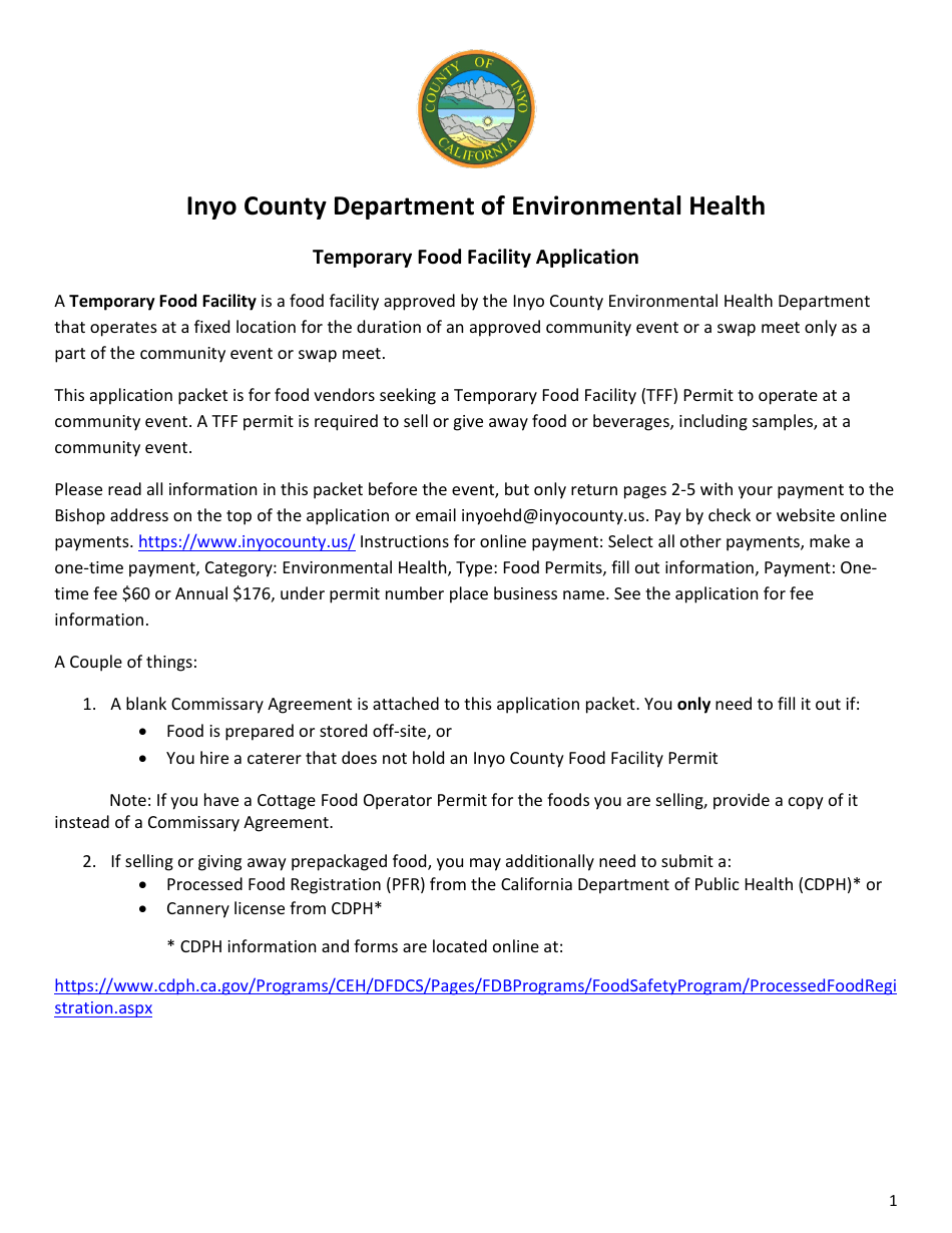 Temporary Food Facility Application - Inyo County, California, Page 1