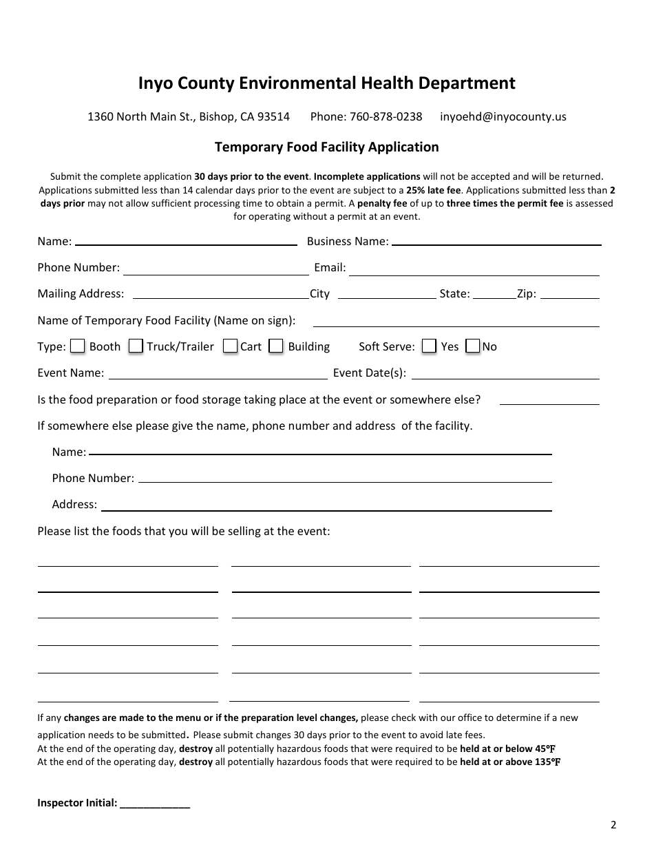 Temporary Food Facility Application - Inyo County, California, Page 2