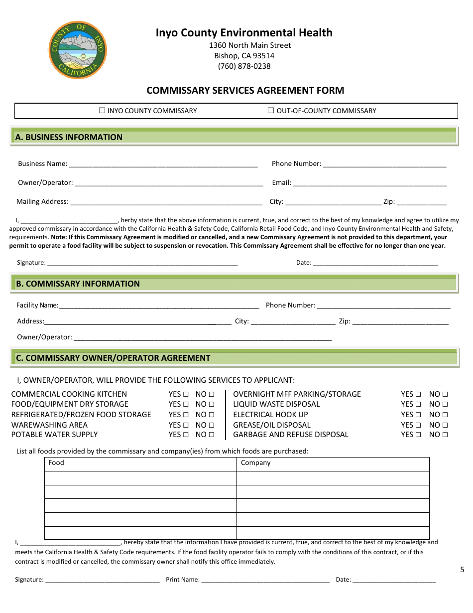 Temporary Food Facility Application - Inyo County, California, Page 5