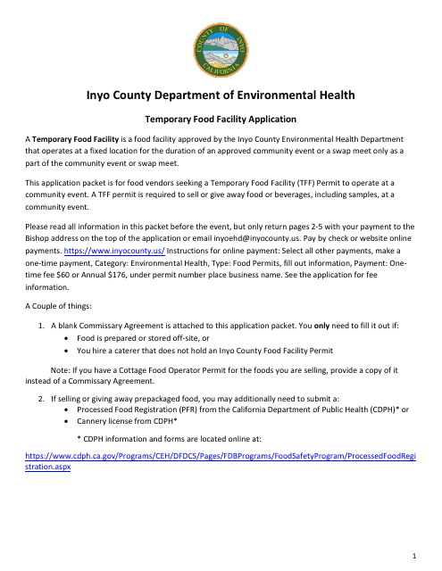 Temporary Food Facility Application - Inyo County, California Download Pdf