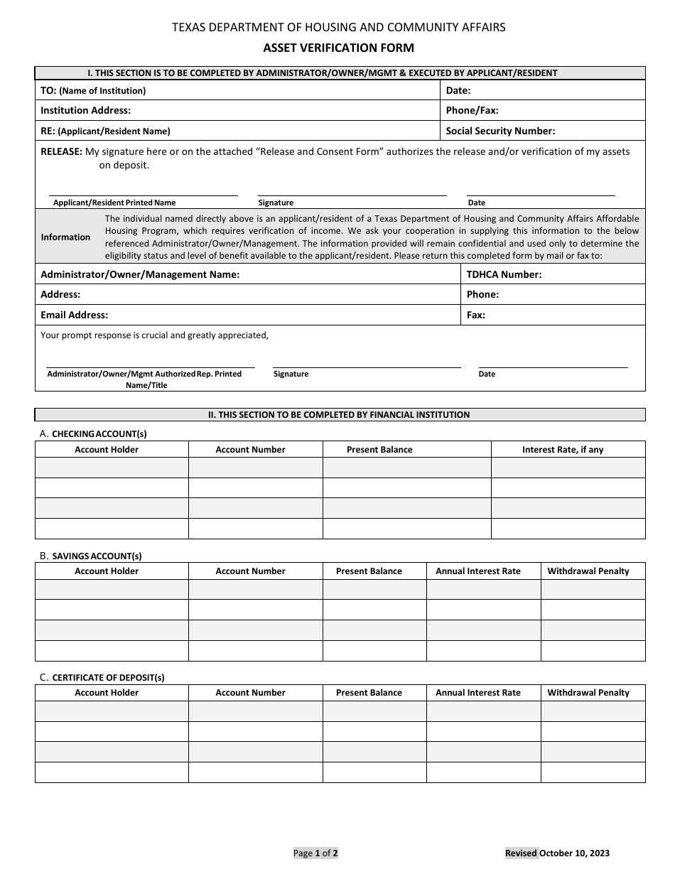 Asset Verification Form - Texas, Page 1