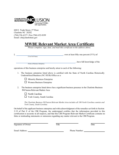 Mwbe Relevant Market Area Certificate - City of Charlotte, North Carolina