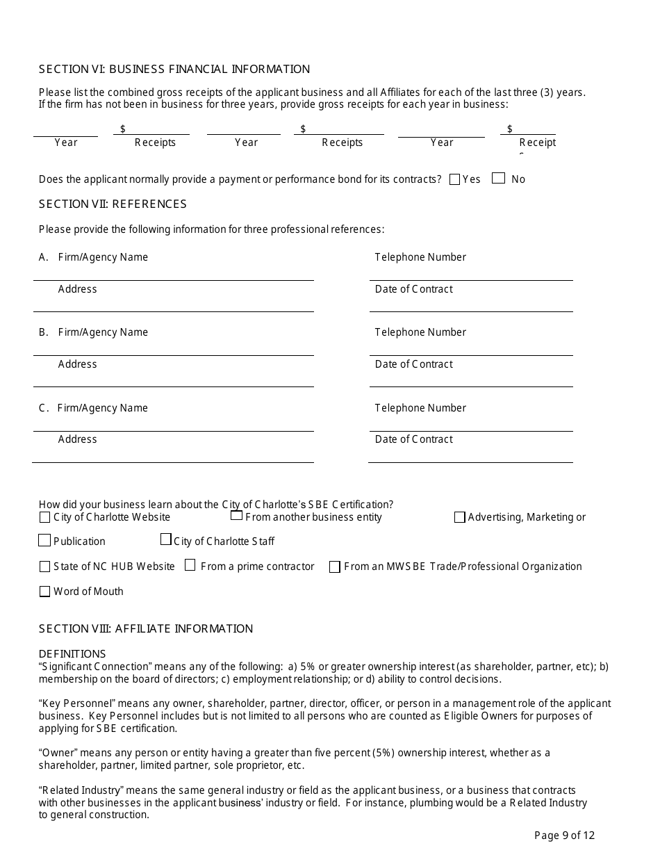 Small Business Enterprise Certification Application - City of Charlotte, North Carolina, Page 11