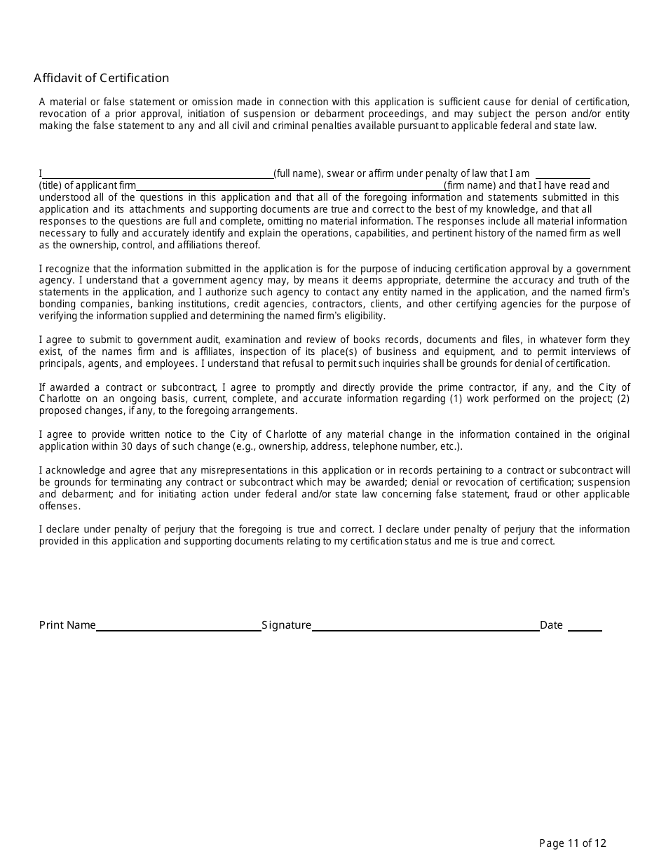 Small Business Enterprise Certification Application - City of Charlotte, North Carolina, Page 13
