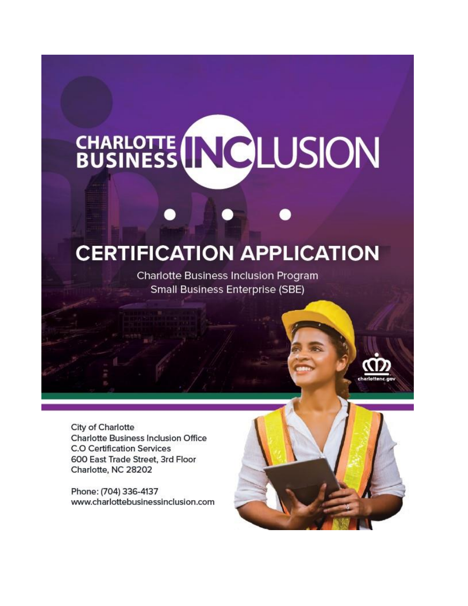 Small Business Enterprise Certification Application - City of Charlotte, North Carolina, Page 1