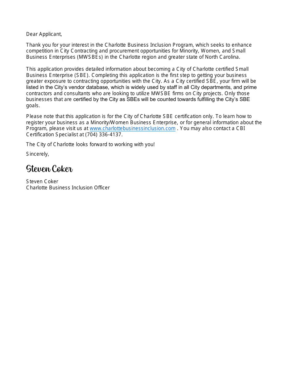 Small Business Enterprise Certification Application - City of Charlotte, North Carolina, Page 2