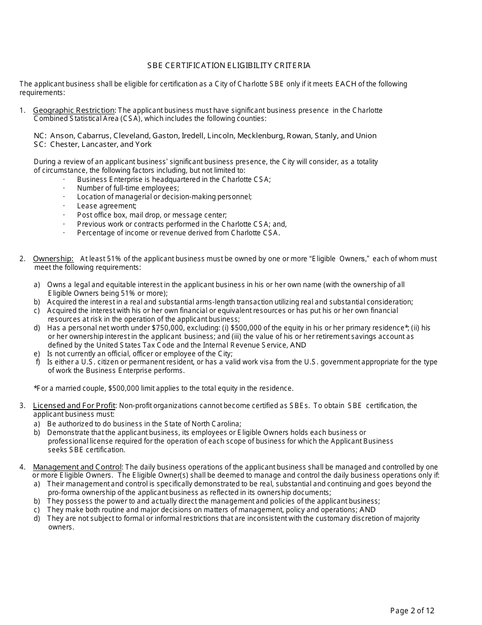 Small Business Enterprise Certification Application - City of Charlotte, North Carolina, Page 4