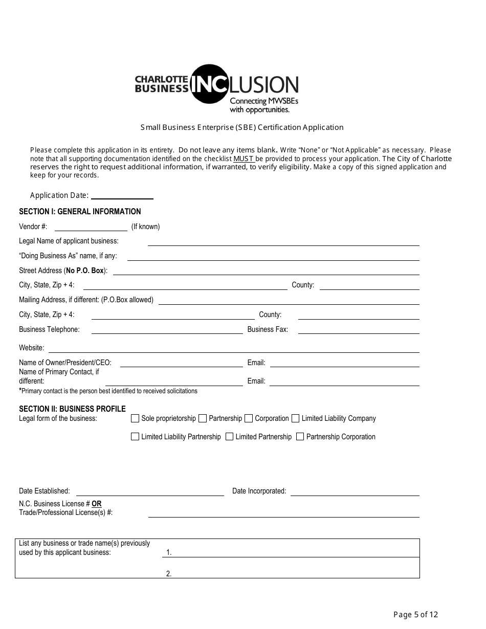 Small Business Enterprise Certification Application - City of Charlotte, North Carolina, Page 7