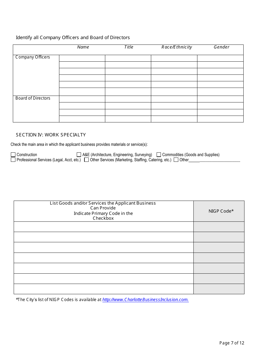 Small Business Enterprise Certification Application - City of Charlotte, North Carolina, Page 9