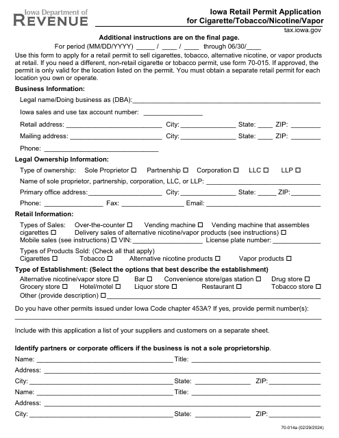 Form 70-014 Iowa Retail Permit Application for Cigarette/Tobacco/Nicotine/Vapor - Iowa