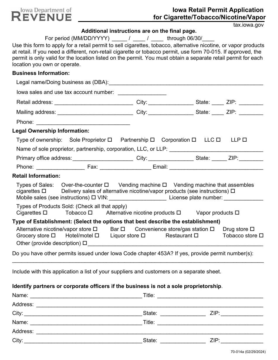 Form 70-014 Iowa Retail Permit Application for Cigarette / Tobacco / Nicotine / Vapor - Iowa, Page 1