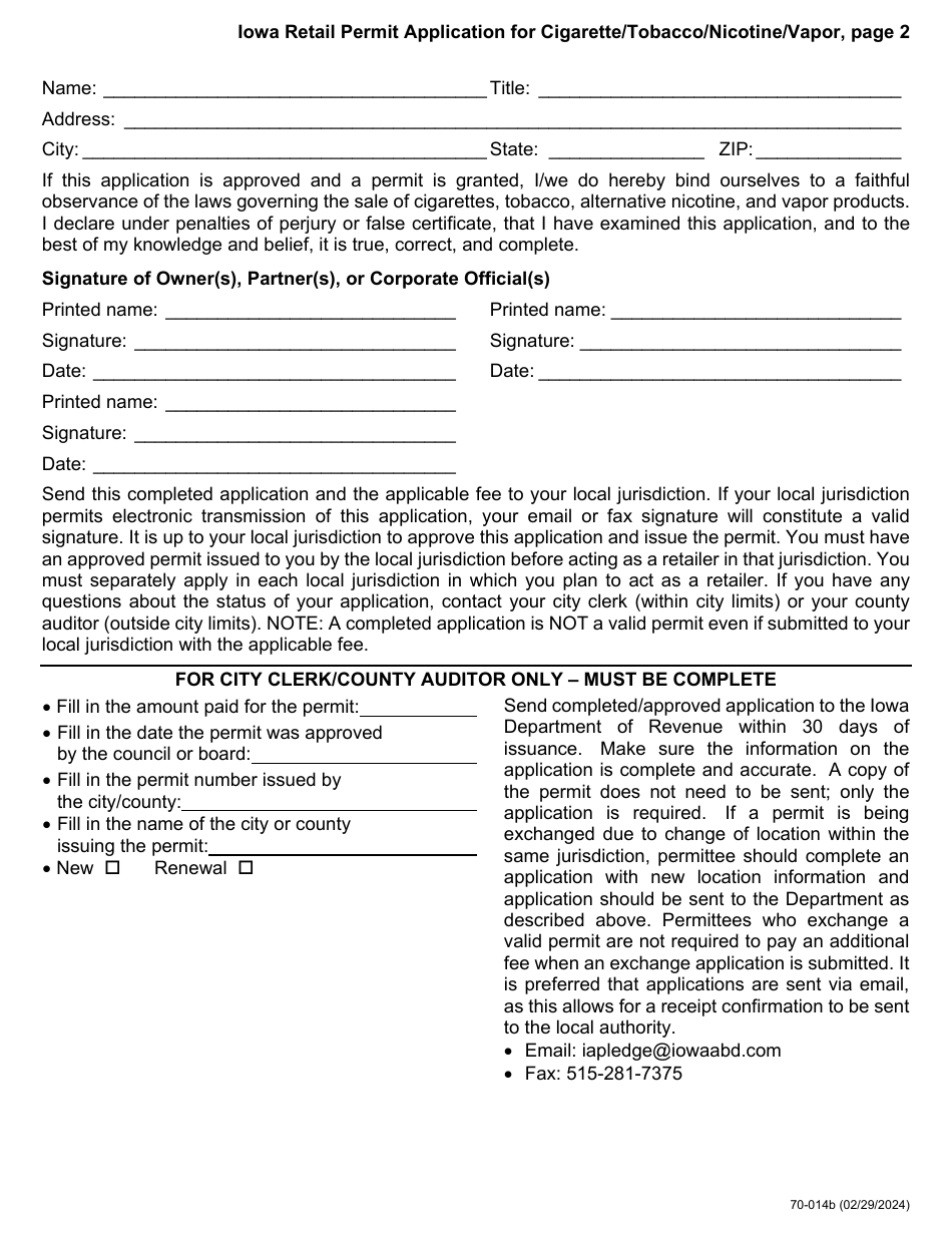 Form 70-014 Iowa Retail Permit Application for Cigarette / Tobacco / Nicotine / Vapor - Iowa, Page 2