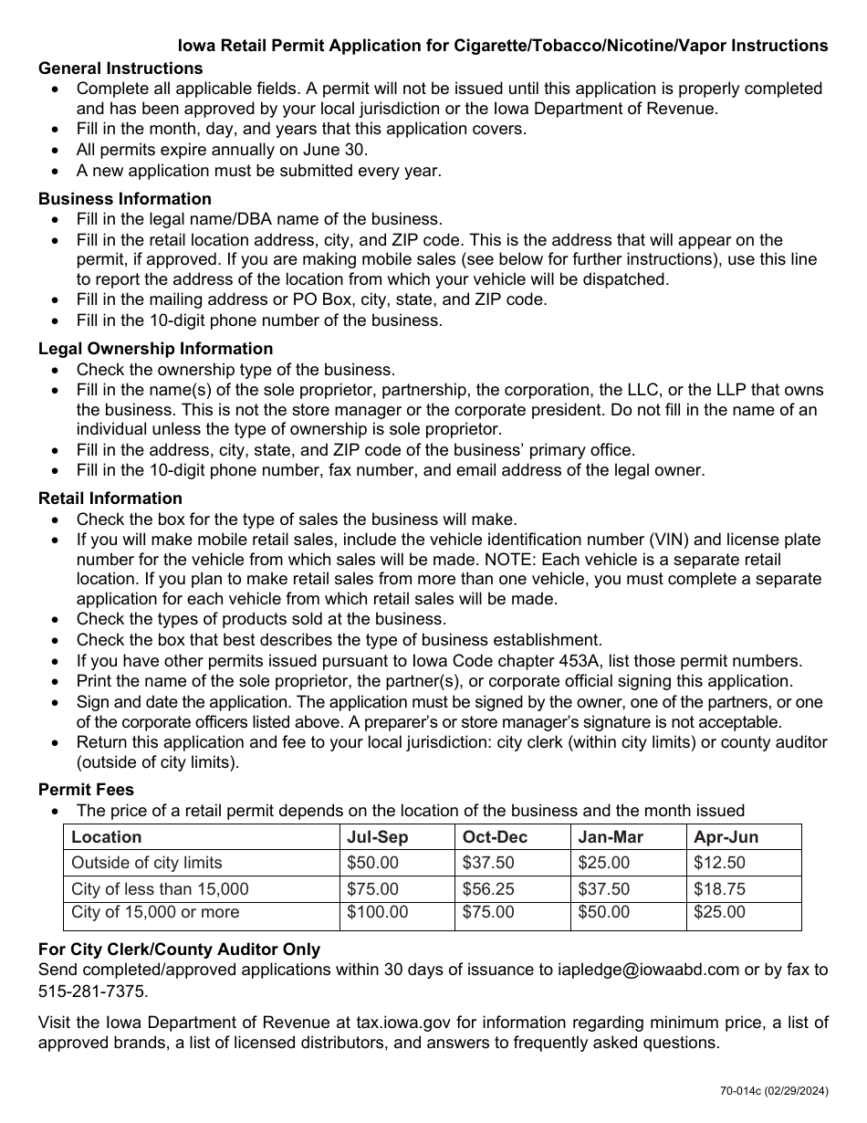 Form 70-014 Iowa Retail Permit Application for Cigarette / Tobacco / Nicotine / Vapor - Iowa, Page 3